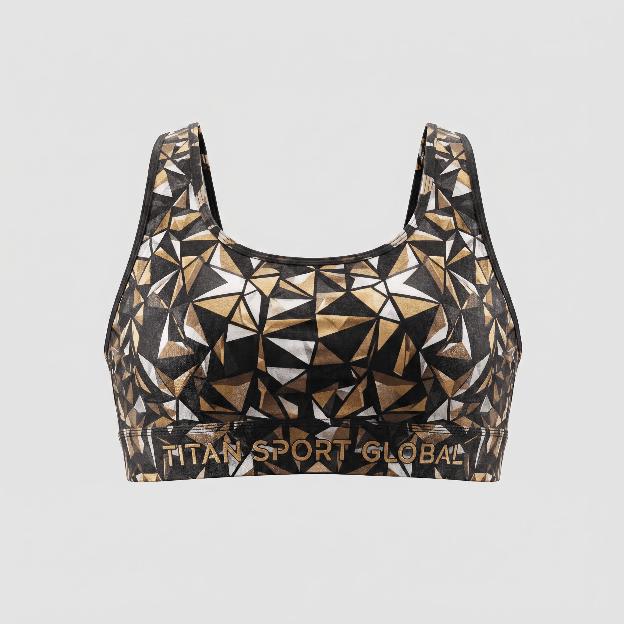 Black sports bra featuring a gold and white geometric pattern and Titan Sport Global lettering on the underband.