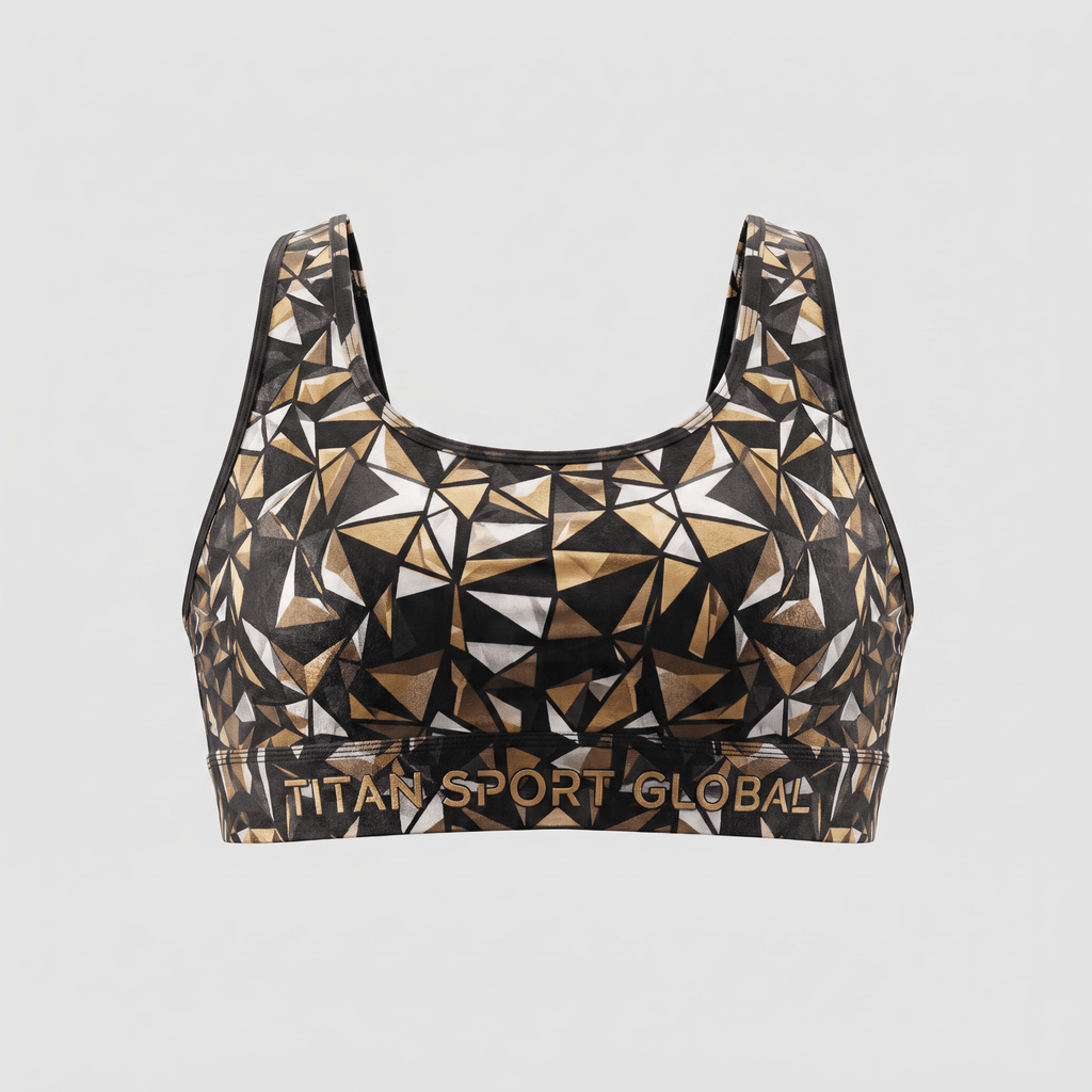 Titan Sport Global sports bra in black, gold, and white geometric prism pattern with branded elastic band.
