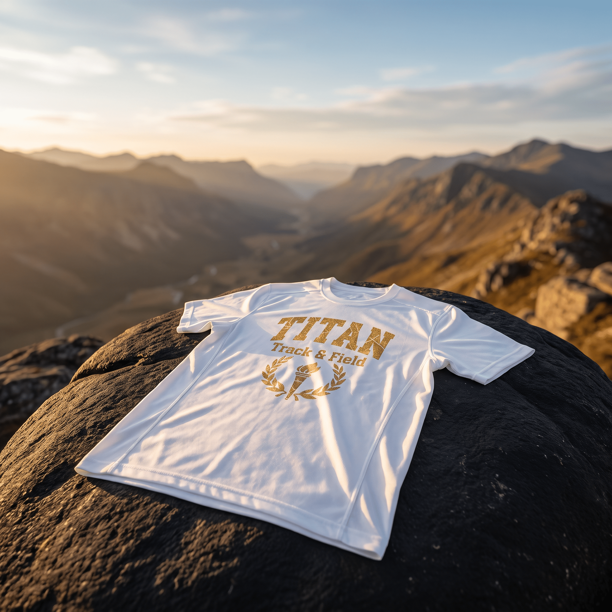 White athletic t-shirt with gold "TITAN Track & Field" graphic on a rock with mountain landscape background.