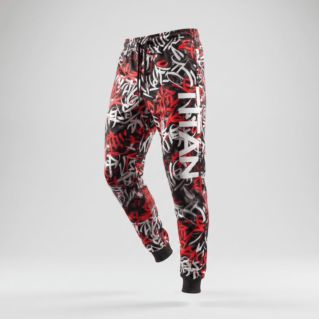 Black, red, and white graffiti print sweatpants with a vertical Titan logo on the left leg and drawstring waist.