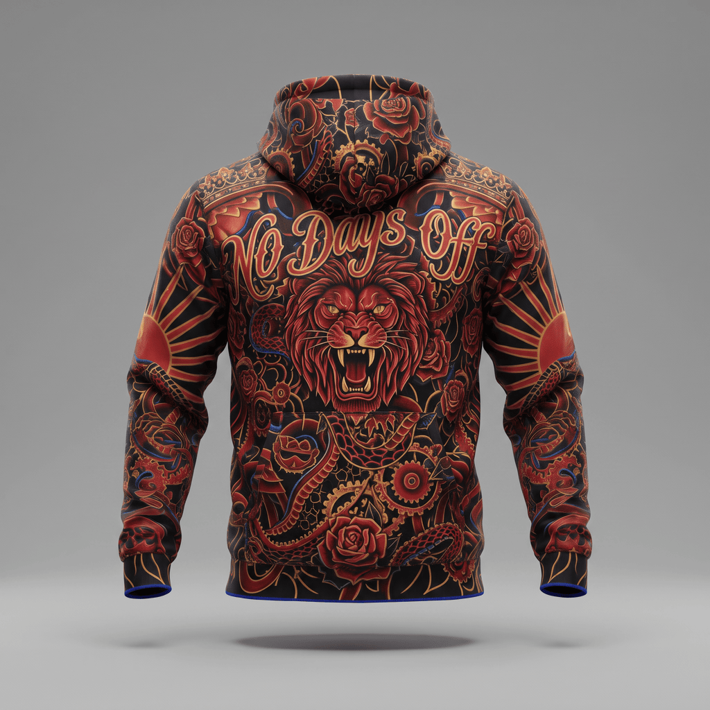 Back view of black hoodie featuring red and gold tattoo art with a roaring lion and No Days Off text.