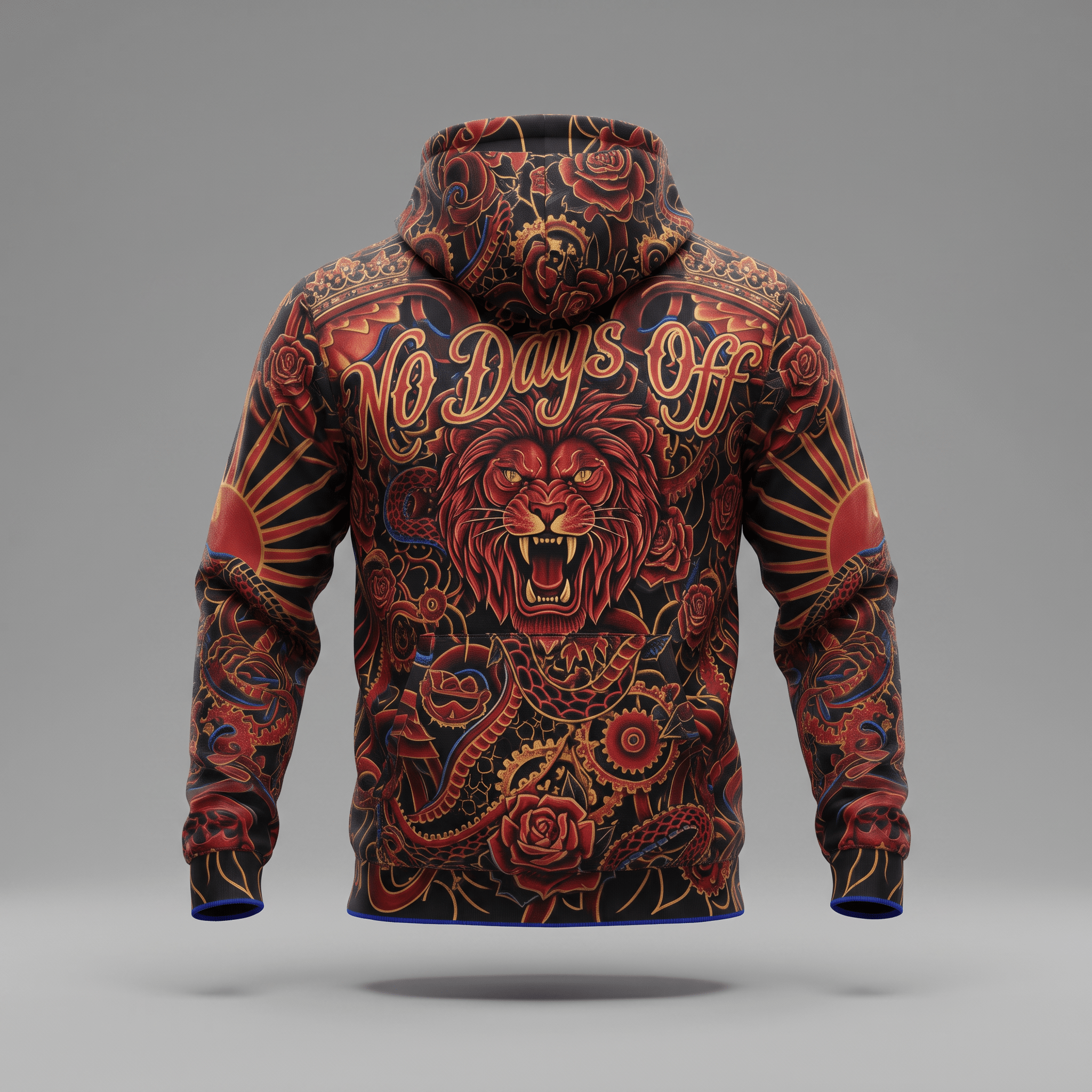 Back view of a black hoodie with intricate red and gold tattoo-style lion, rose, and sunburst graphics.