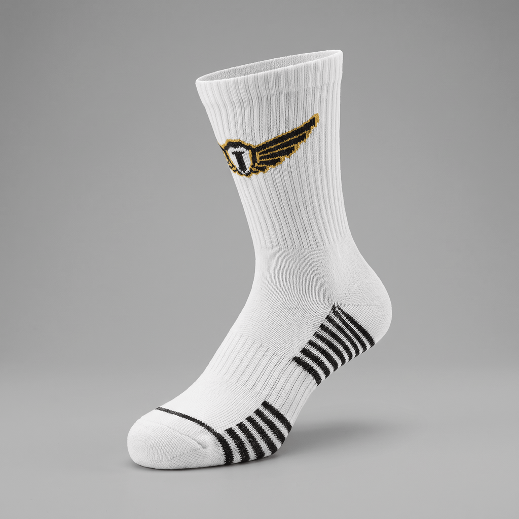White crew sock with black and gold winged logo, plus black stripes on the arch and toe.