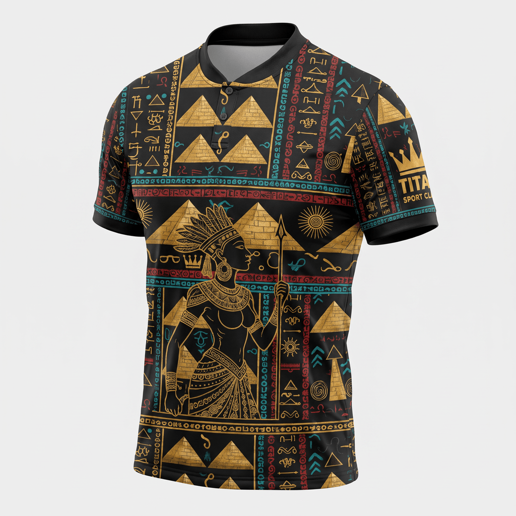 Black polo shirt featuring ancient Egyptian pharaoh graphic, pyramids, and hieroglyphic patterns in gold and teal.