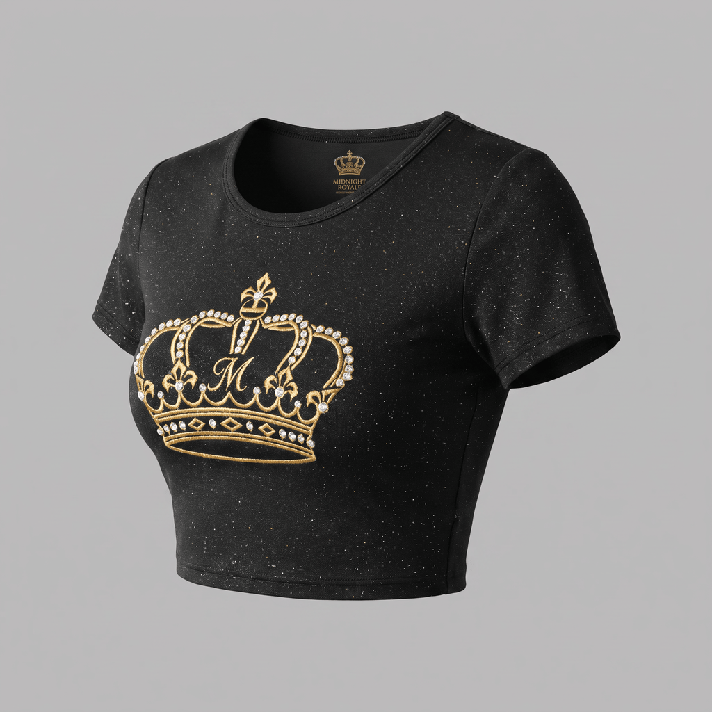 Black glitter crop top with short sleeves and a gold embroidered crown logo on the front.
