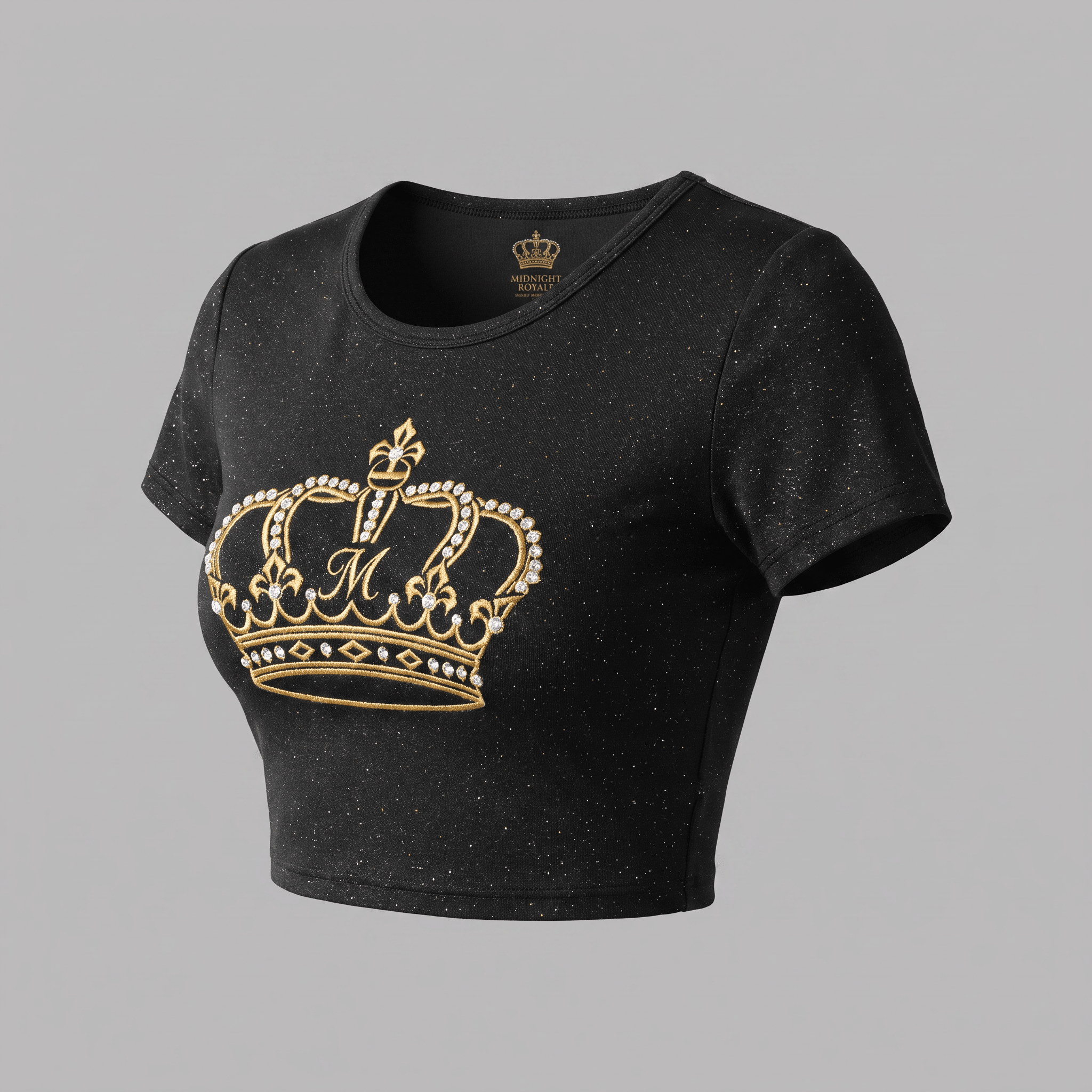 Black glitter crop top with short sleeves and a gold embroidered crown logo on the front.