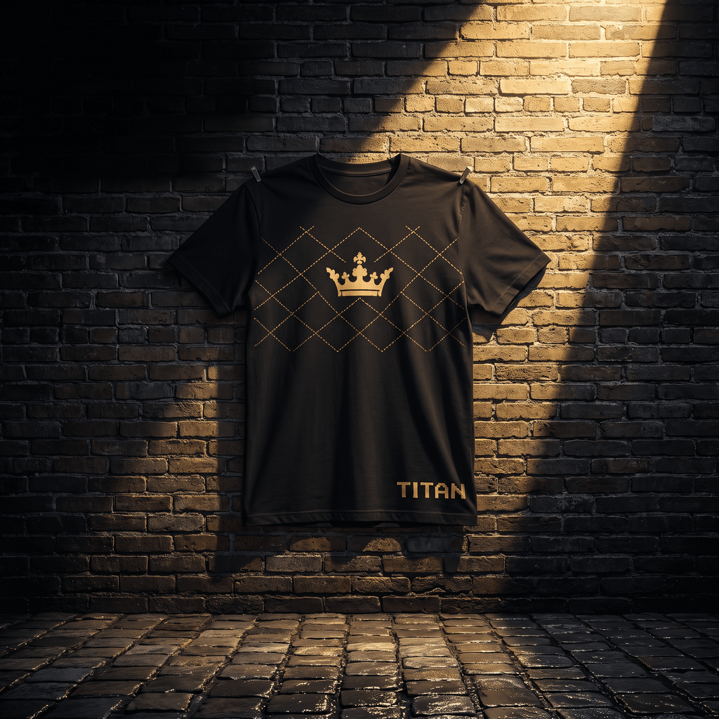 Black t-shirt with gold crown logo, quilted pattern, and "TITAN" text, hanging against a rustic brick wall.
