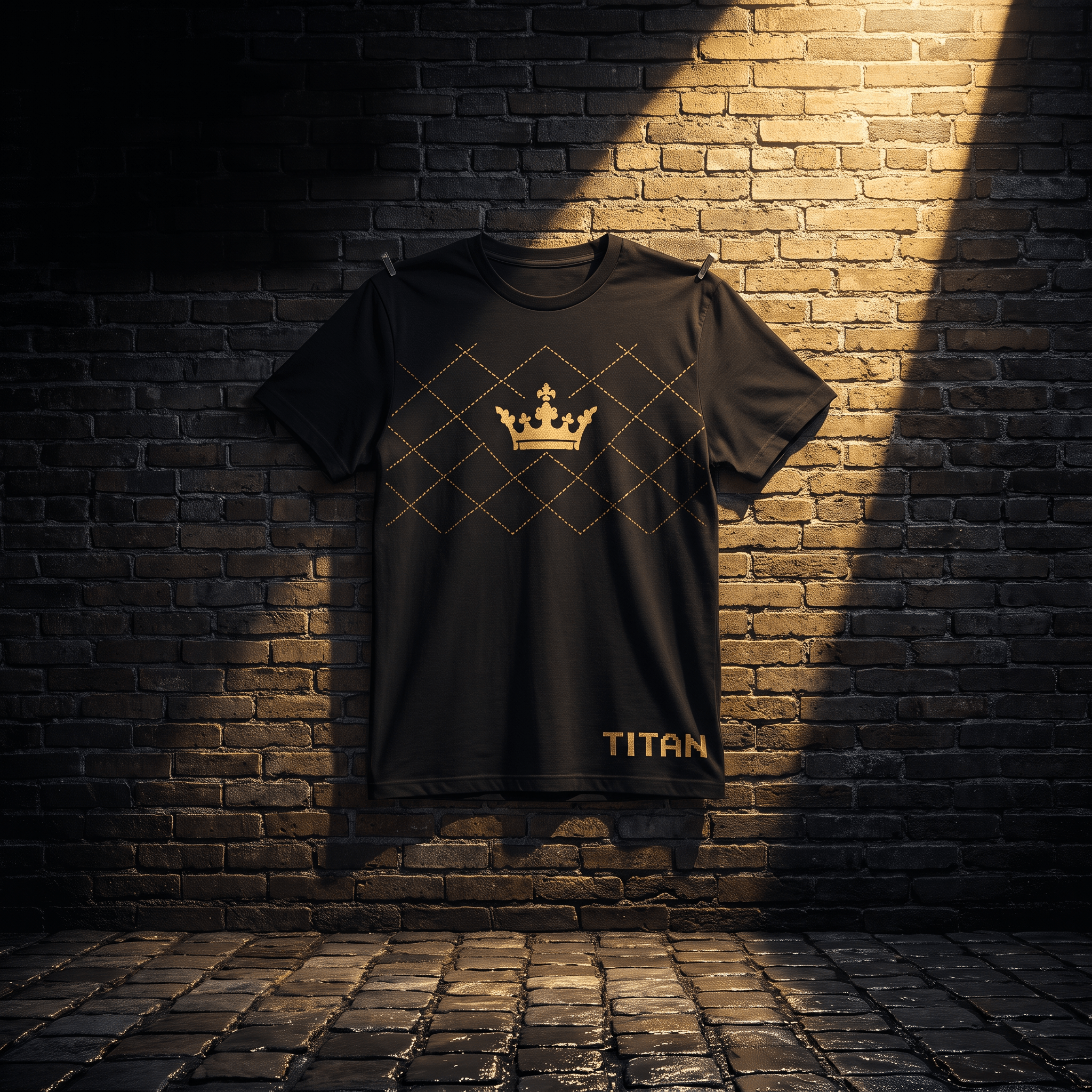 Black t-shirt with gold crown logo, quilted pattern, and "TITAN" text, hanging against a rustic brick wall.
