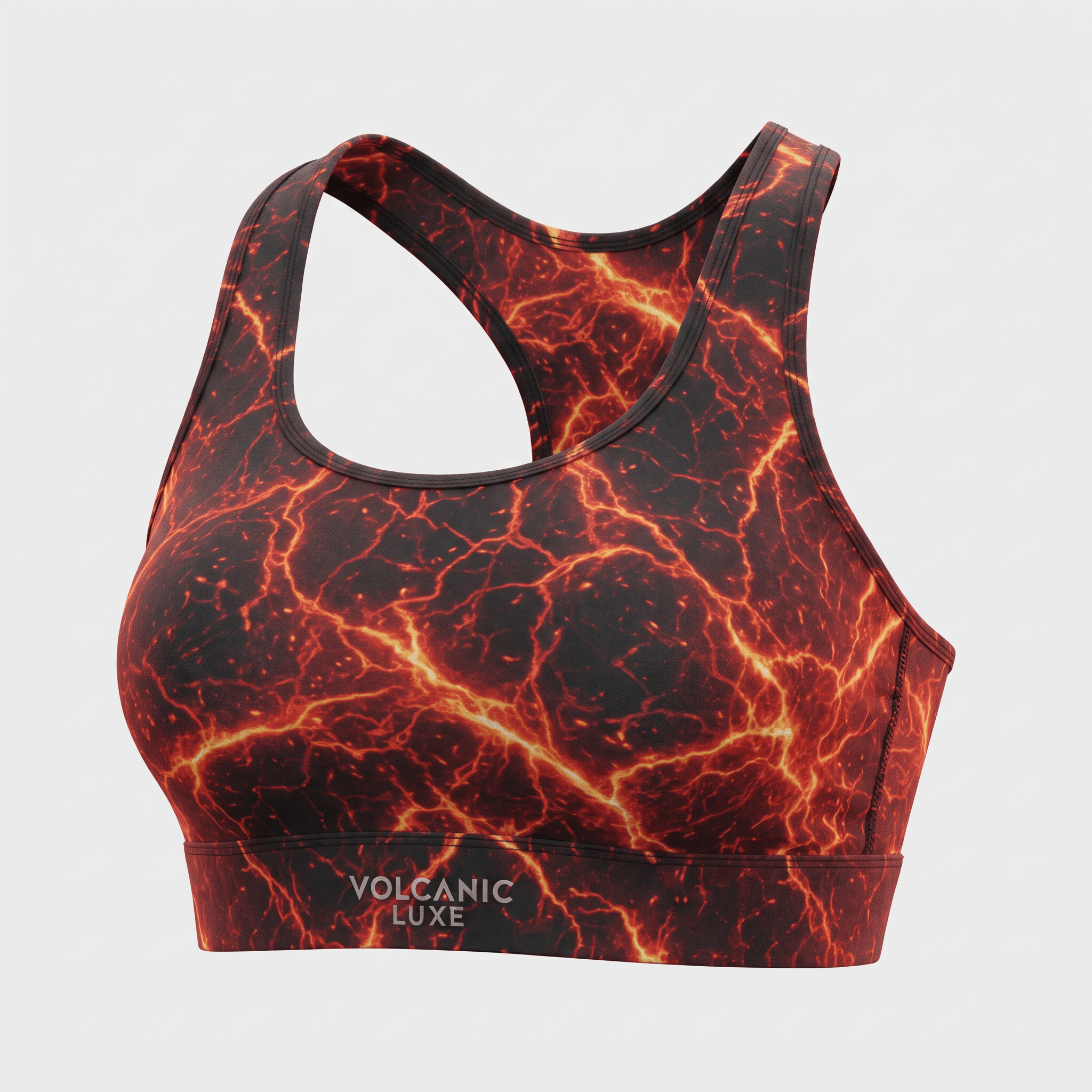 Volcanic Luxe sports bra featuring a glowing red and orange lava crackle print on a black background.