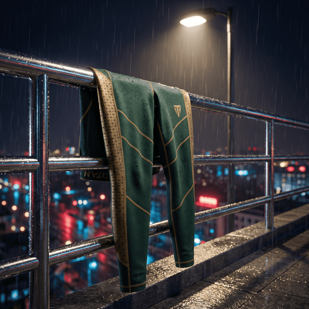 Dark green athletic leggings with gold geometric accents draped over a wet metal railing at night under a street lamp.