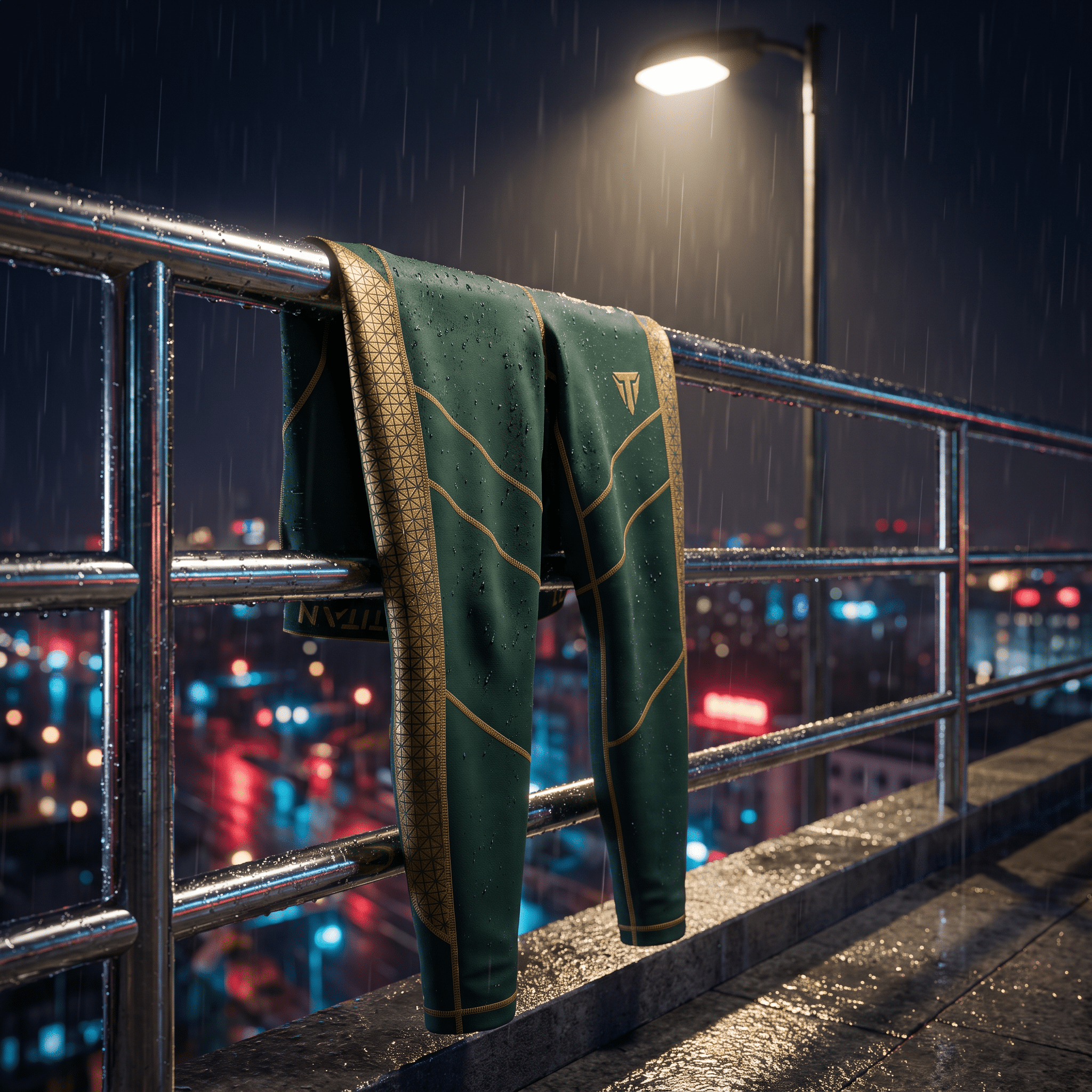 Dark green athletic leggings with gold geometric accents draped over a wet metal railing at night under a street lamp.