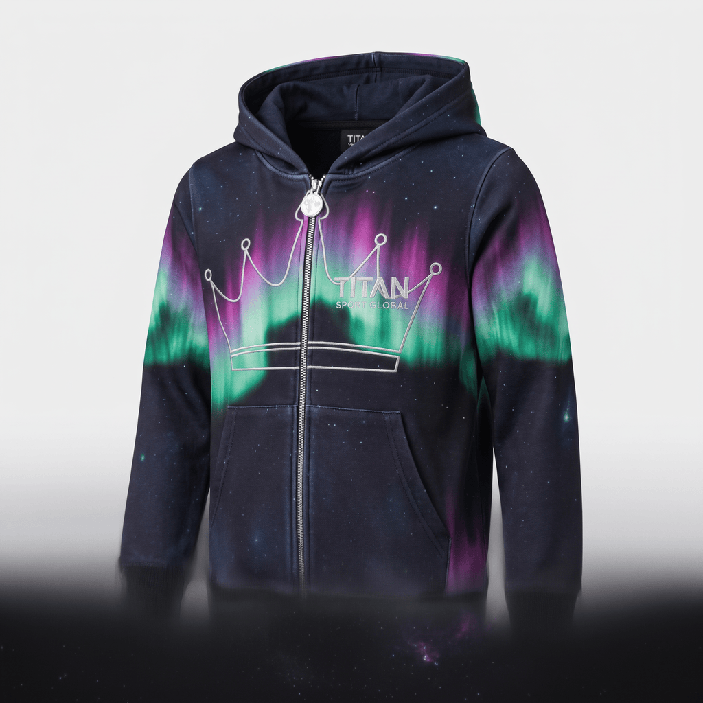 Black zip-up hoodie featuring a purple and green aurora borealis print and white Titan crown logo.
