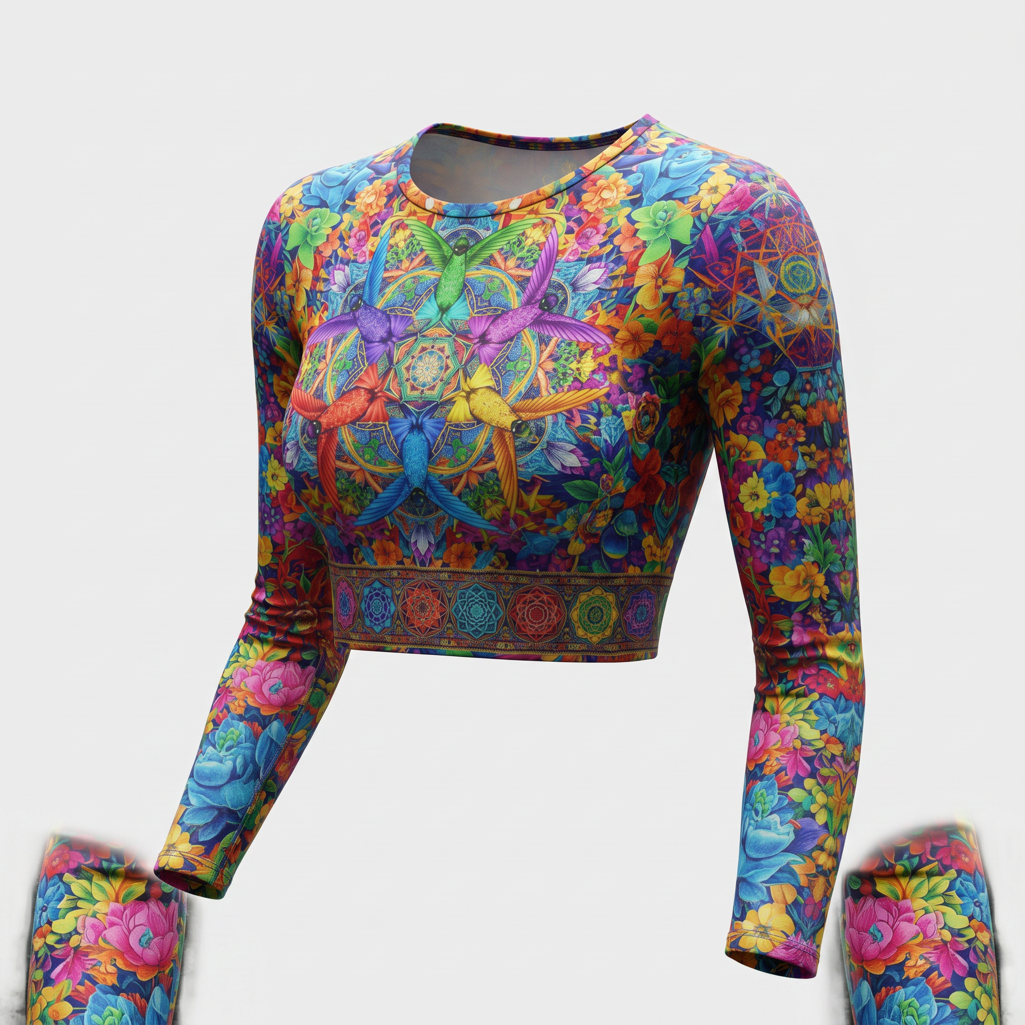Colorful long-sleeve crop top with a vibrant hummingbird and floral mandala print against a light gray background.