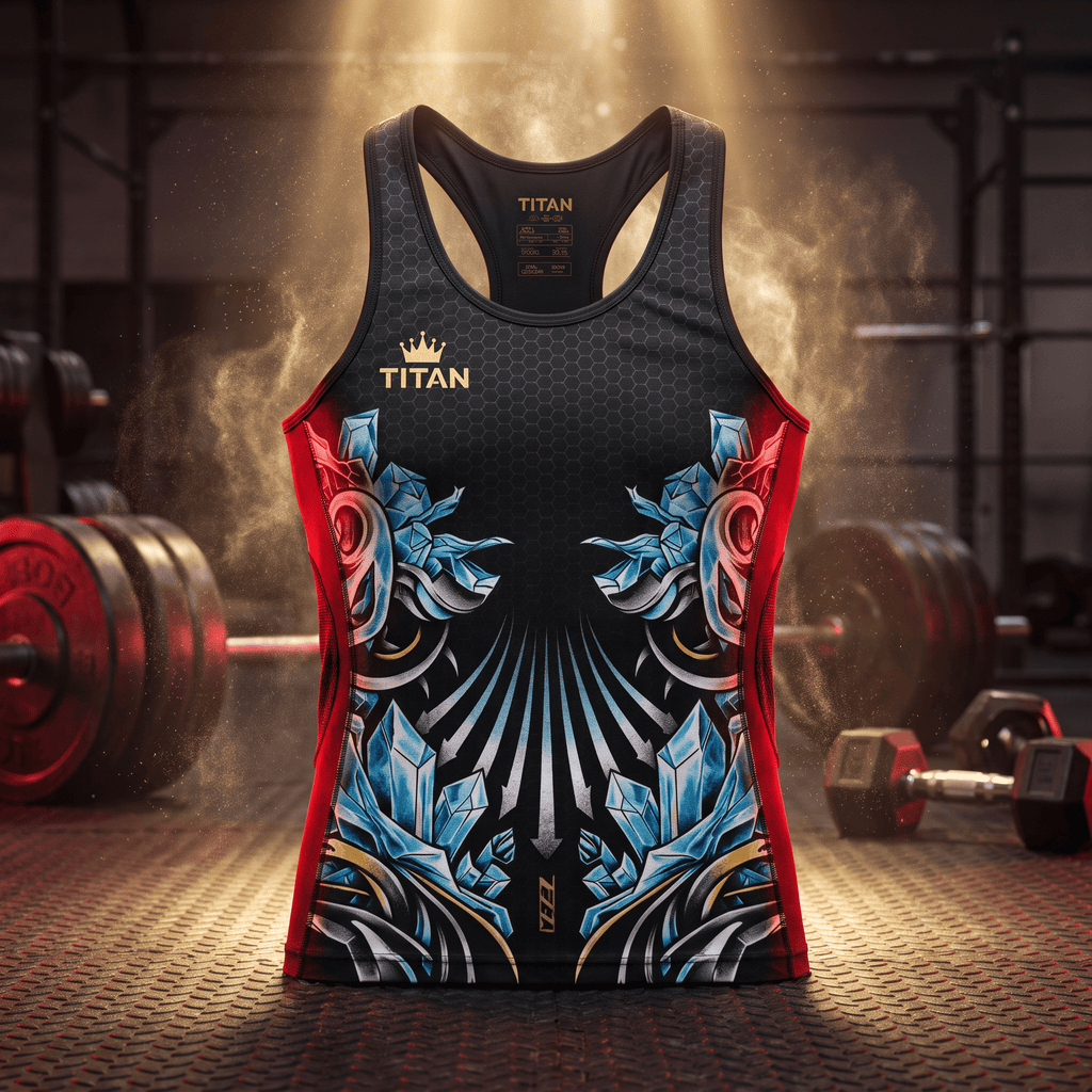 Black racerback tank top with gold Titan logo and blue, red, and silver crystalline graphics in a gym setting.