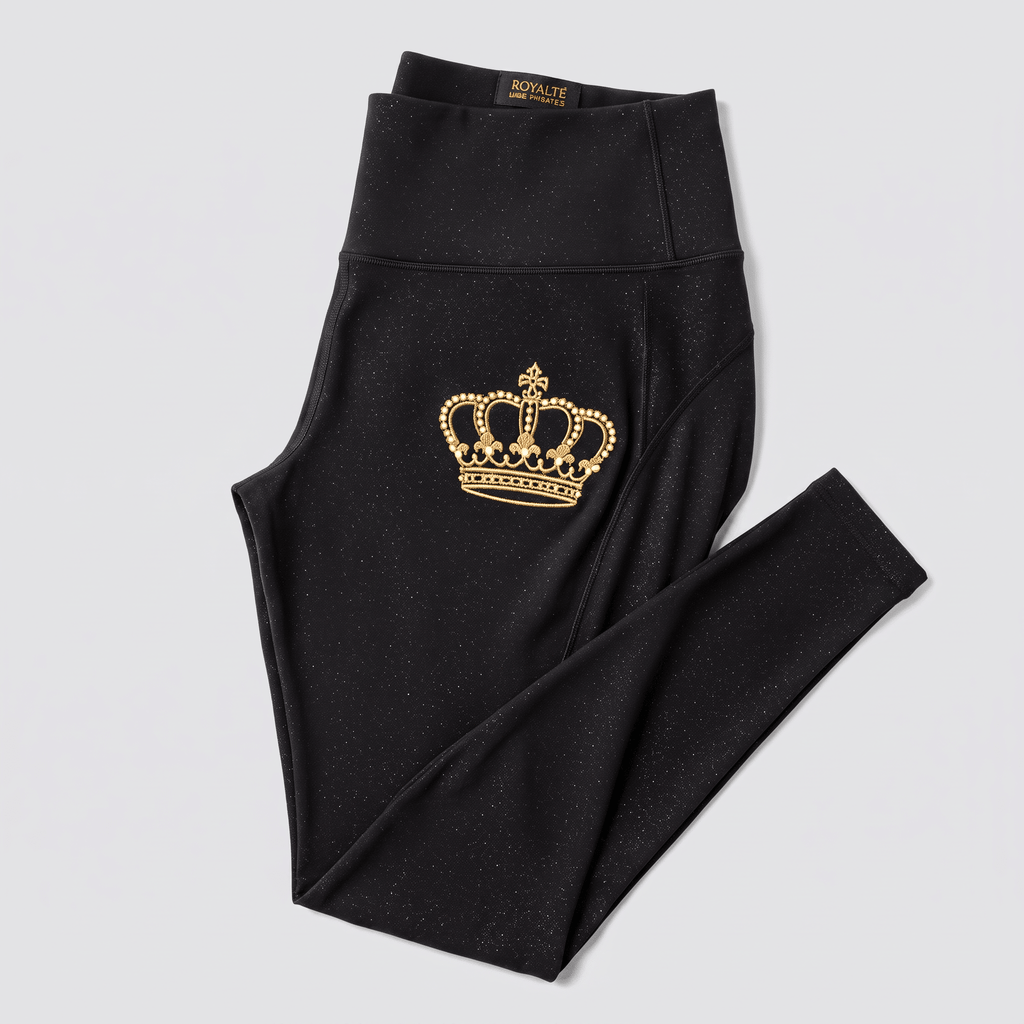 Folded black high-waisted leggings with subtle shimmer and a gold crown graphic on the thigh.