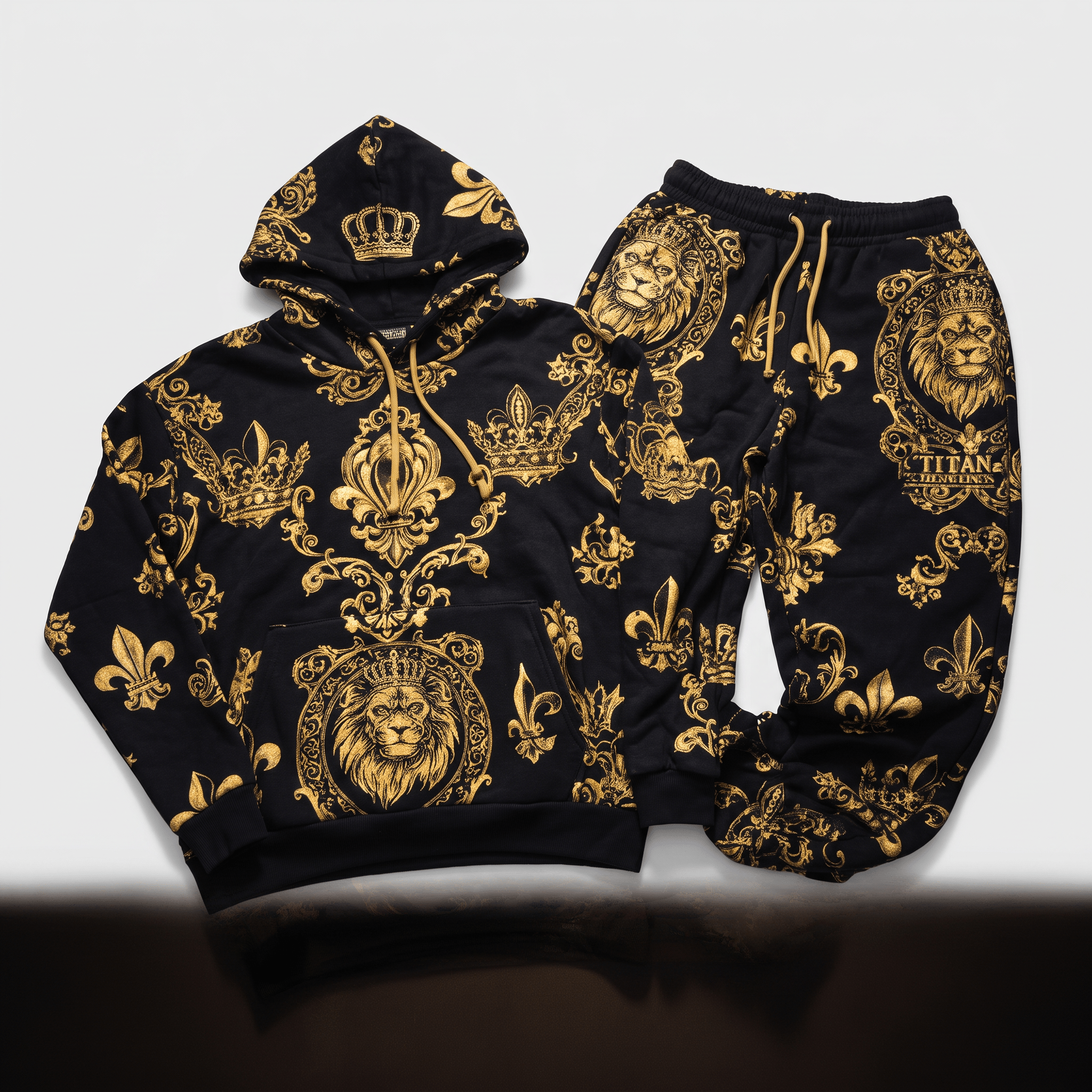Black and gold baroque print hoodie and sweatpants set featuring lions and crowns.