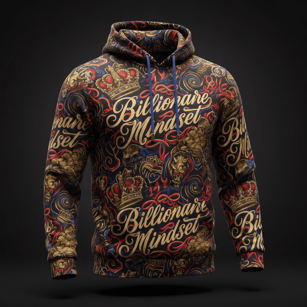 Black hoodie with gold Billionaire Mindset lettering, crown, and skull graphics against red and blue accents.