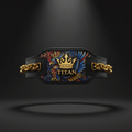 Black TITAN dip belt with gold chains, featuring a colorful eagle and crown graphic with a 3D gold logo emblem.