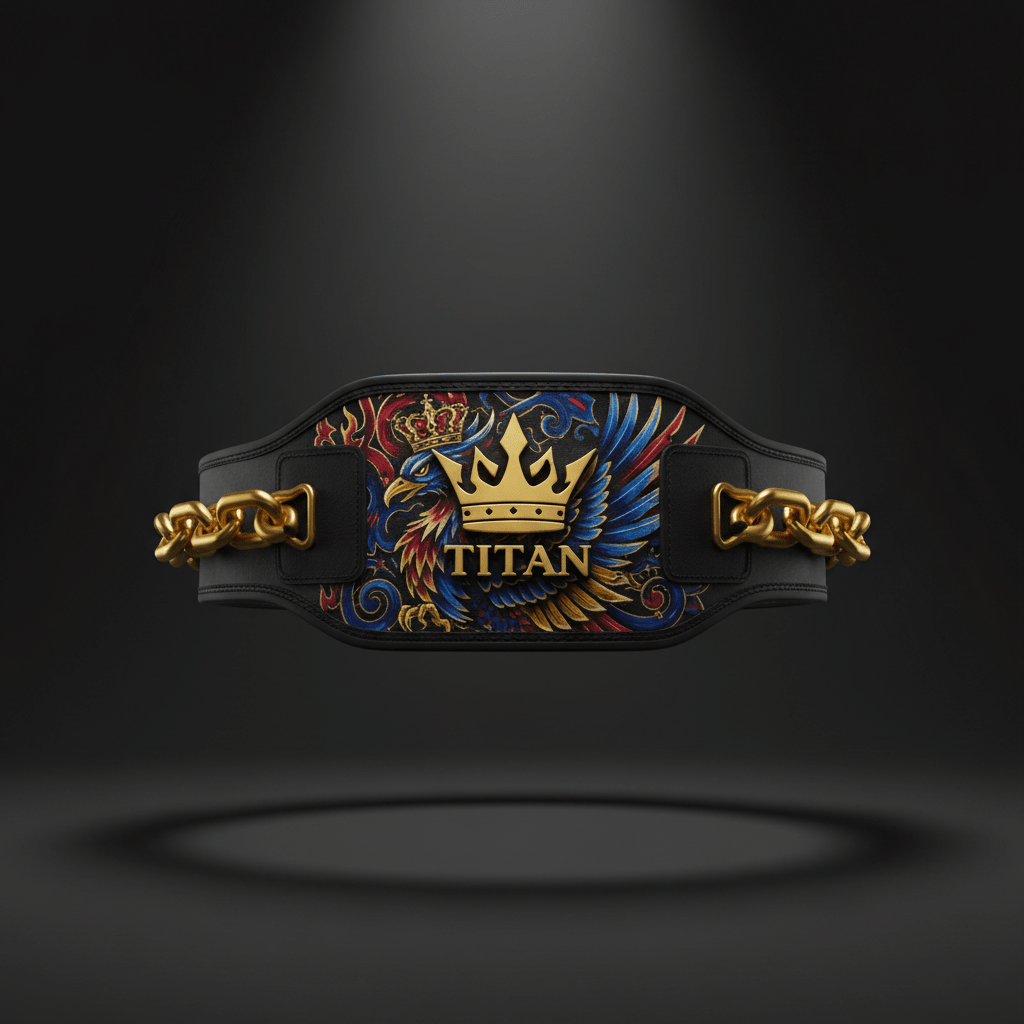 Black TITAN dip belt with gold chains, featuring a colorful eagle and crown graphic with a 3D gold logo emblem.
