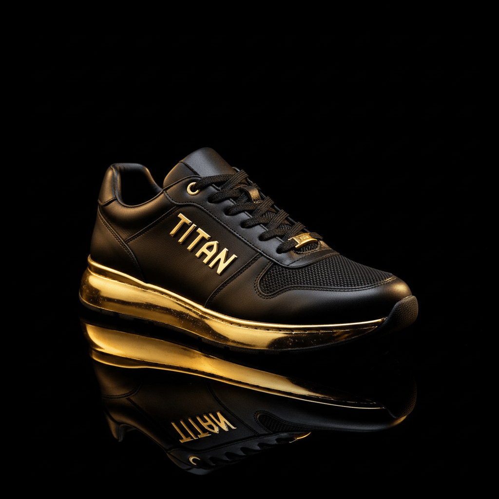 TITAN black low-top sneaker featuring gold "TITAN" logo, metallic gold midsole, and black mesh panel on black background.