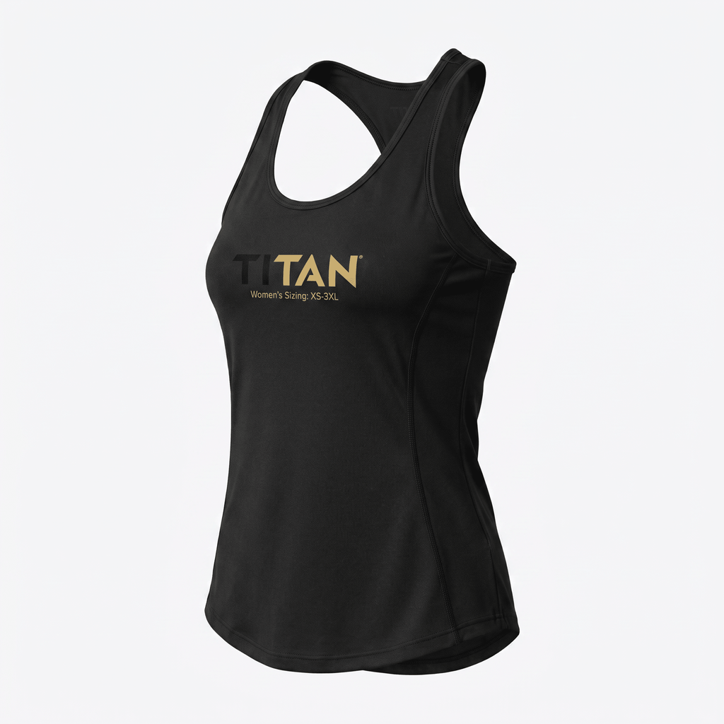 Black women's racerback tank top featuring gold Titan branding on the front.