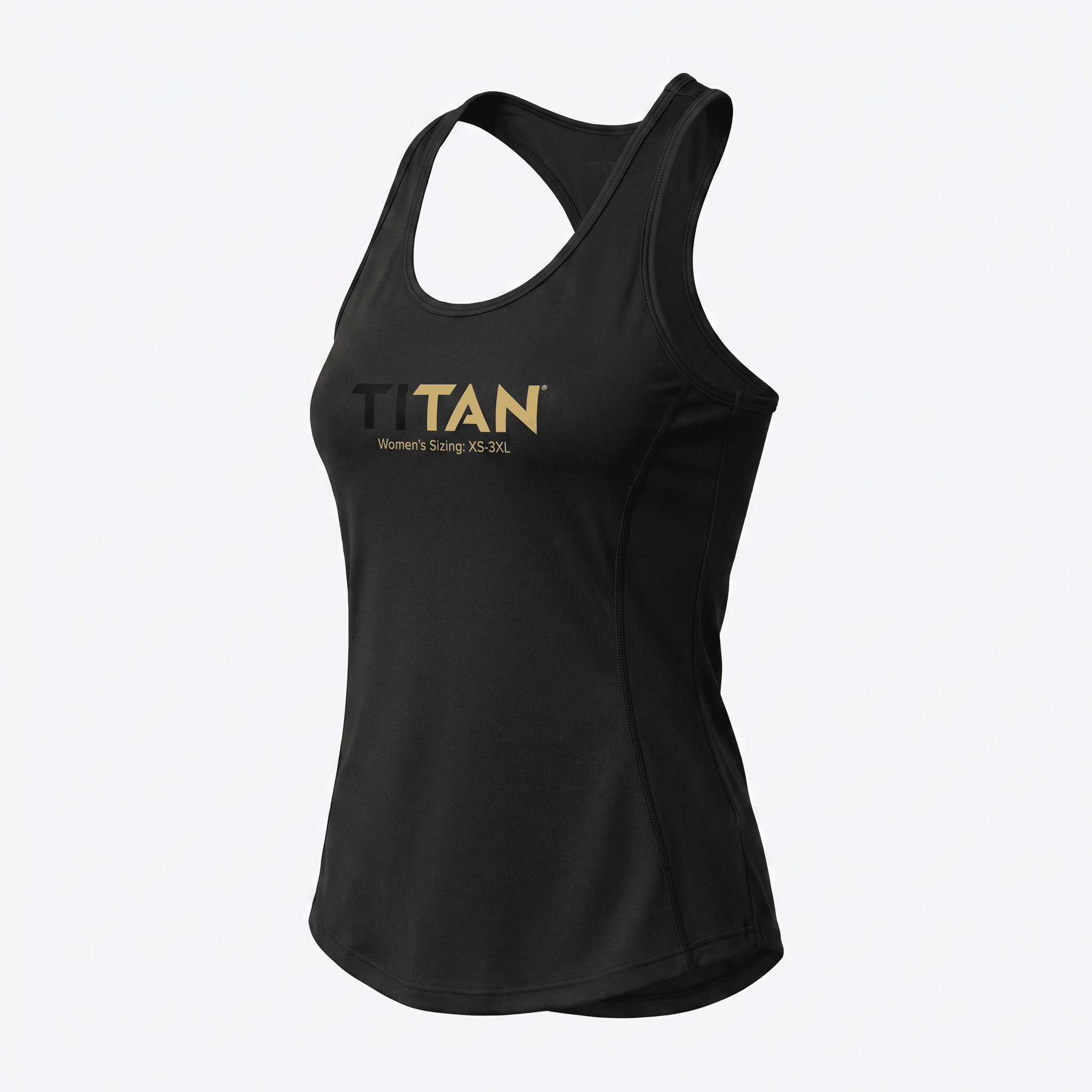 Black women racerback tank top with gold Titan logo and sizing text on chest against light grey background