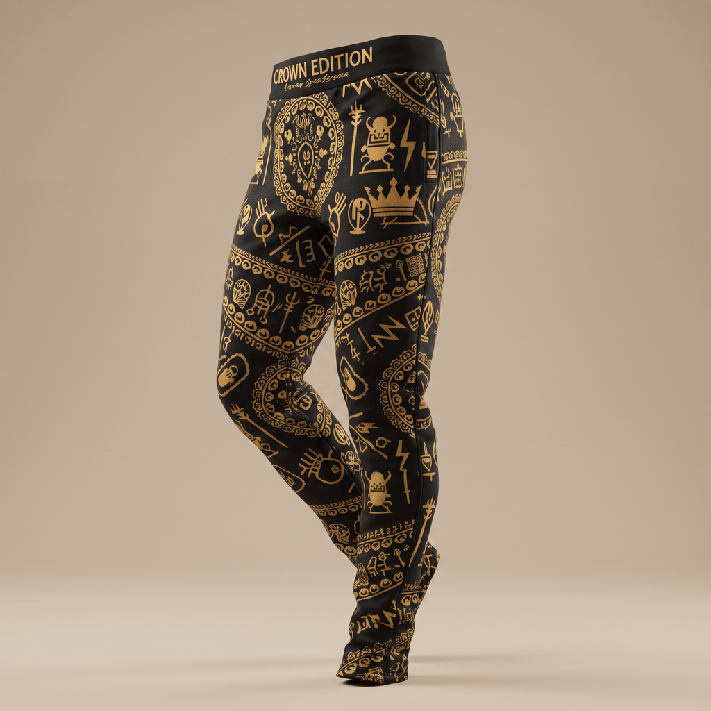 Black athletic leggings with gold Egyptian-style hieroglyphics and symbols, featuring a Crown Edition waistband.