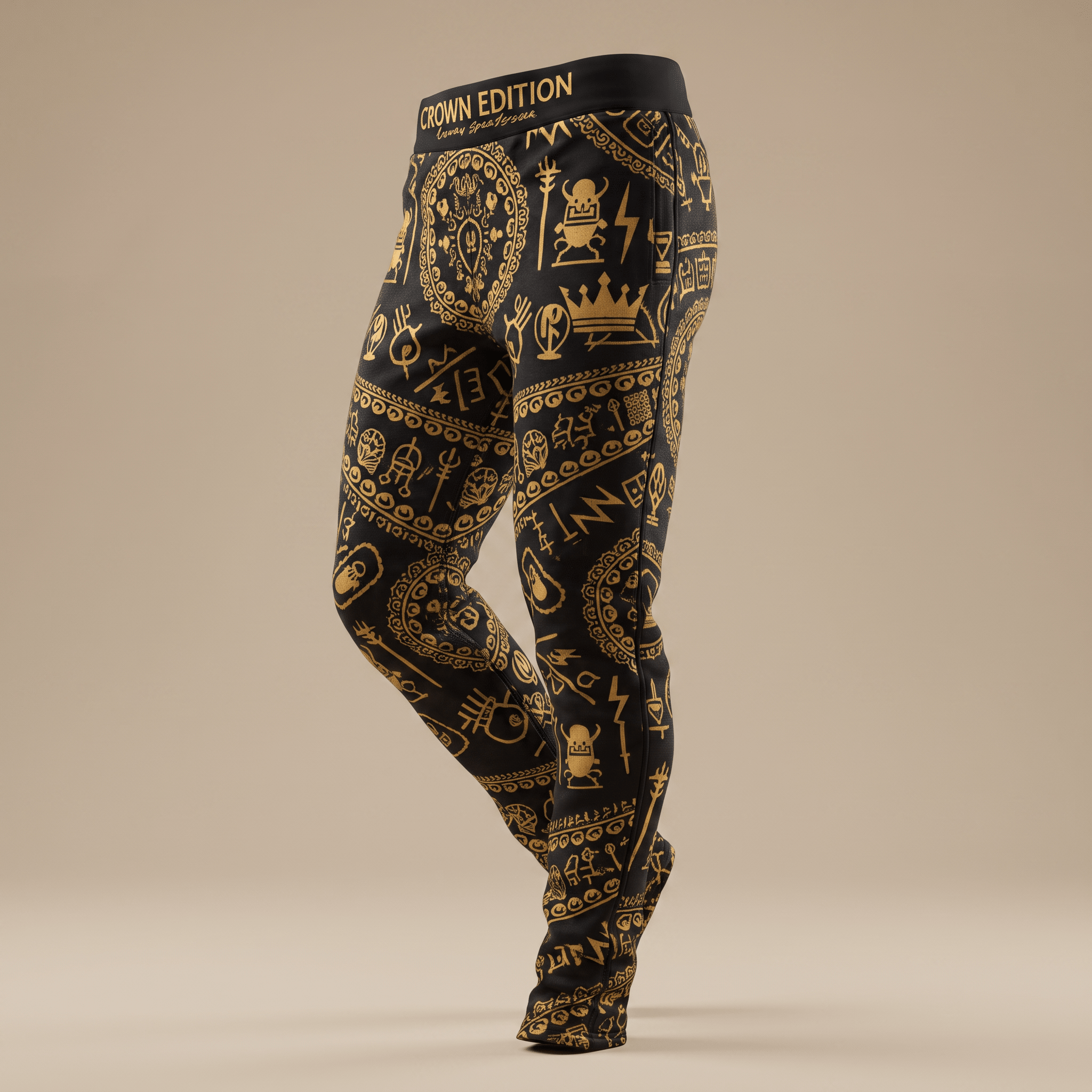 Black athletic leggings with gold Egyptian-style hieroglyphics and symbols, featuring a Crown Edition waistband.