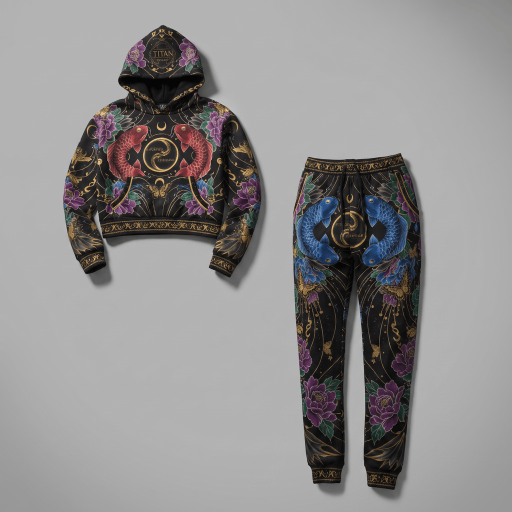 Black hoodie and sweatpants set featuring Japanese art with red and blue koi fish and purple floral prints.