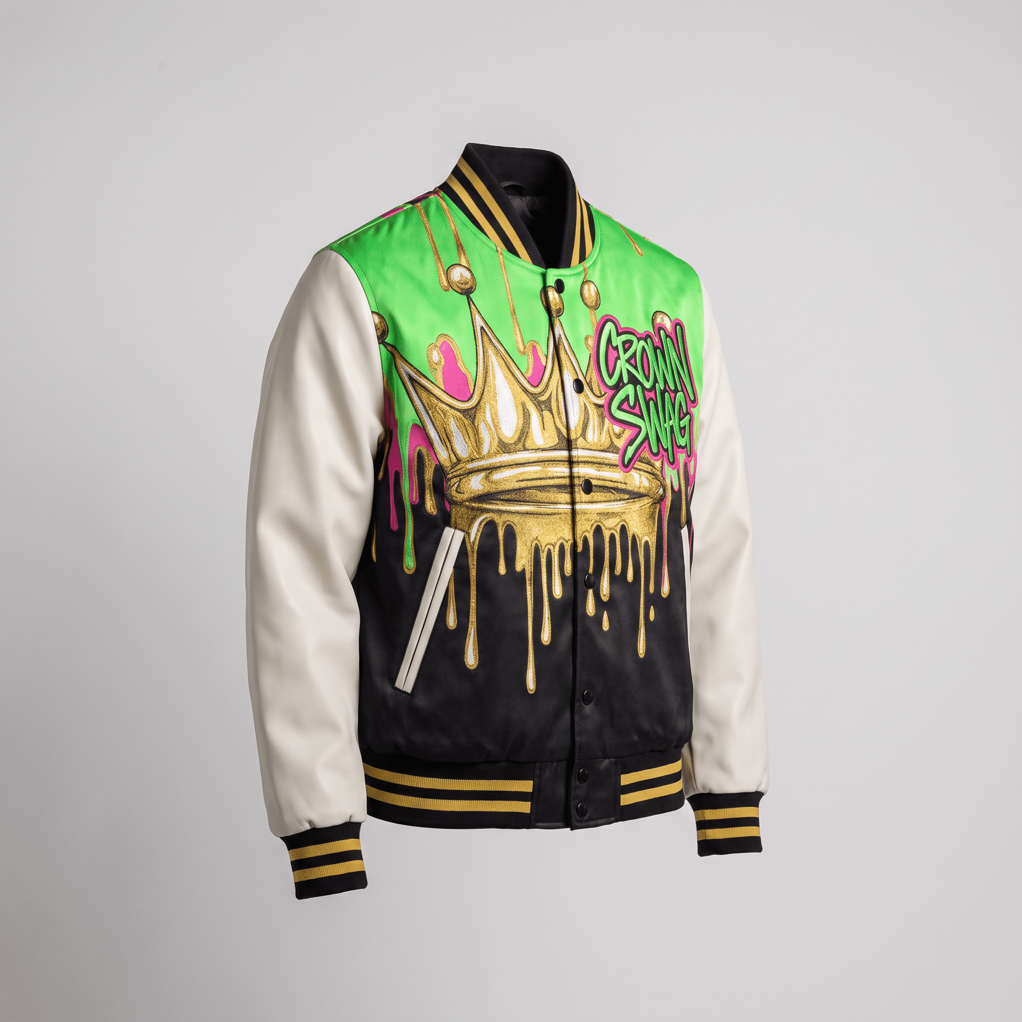 Black, white, and green varsity jacket with gold crown graphic and striped ribbed trim.