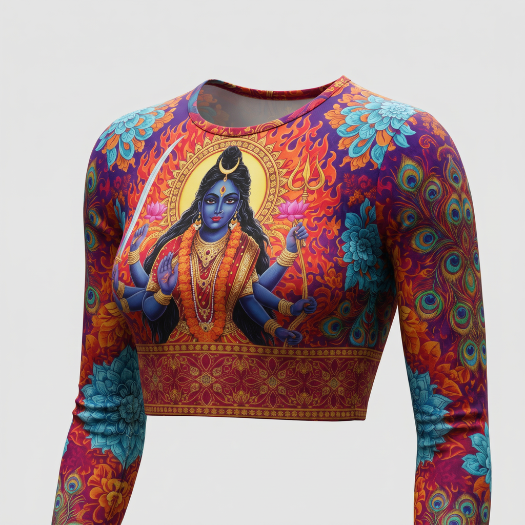 Long-sleeve crop top featuring Hindu deity Kali graphic, colorful floral, peacock feather, and flame patterns.