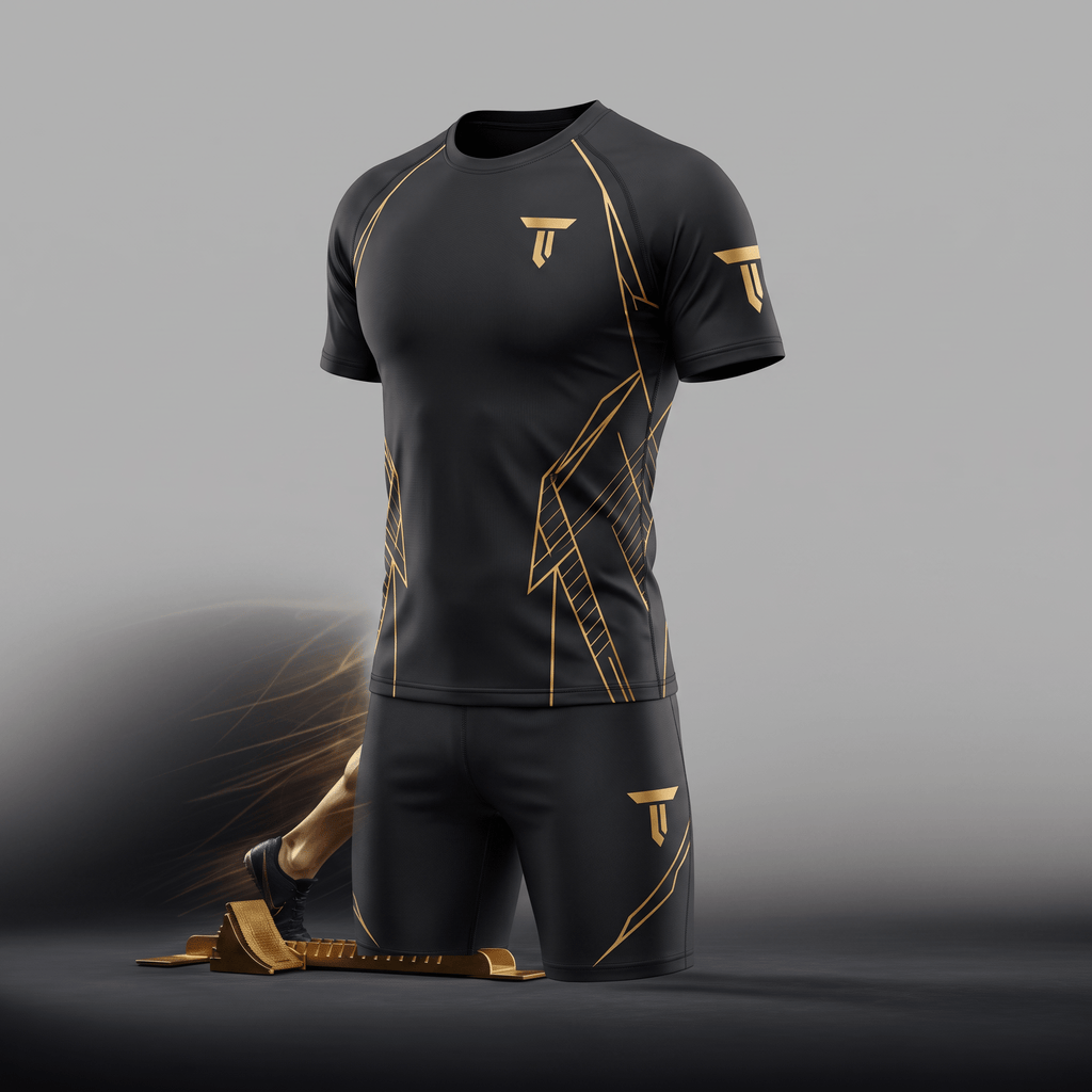 Black athletic shirt and shorts set with gold geometric trim and logo near a starting block.