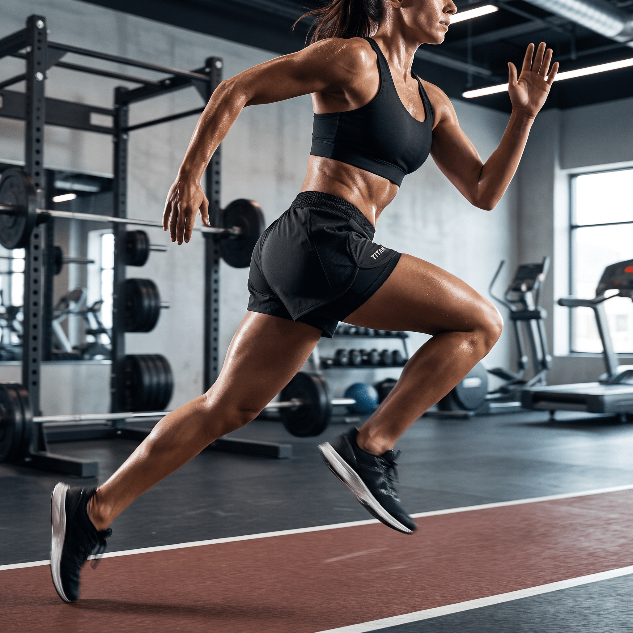 Female athlete sprints in black TITAN running shorts with a built-in liner and a matching sports bra in a gym.