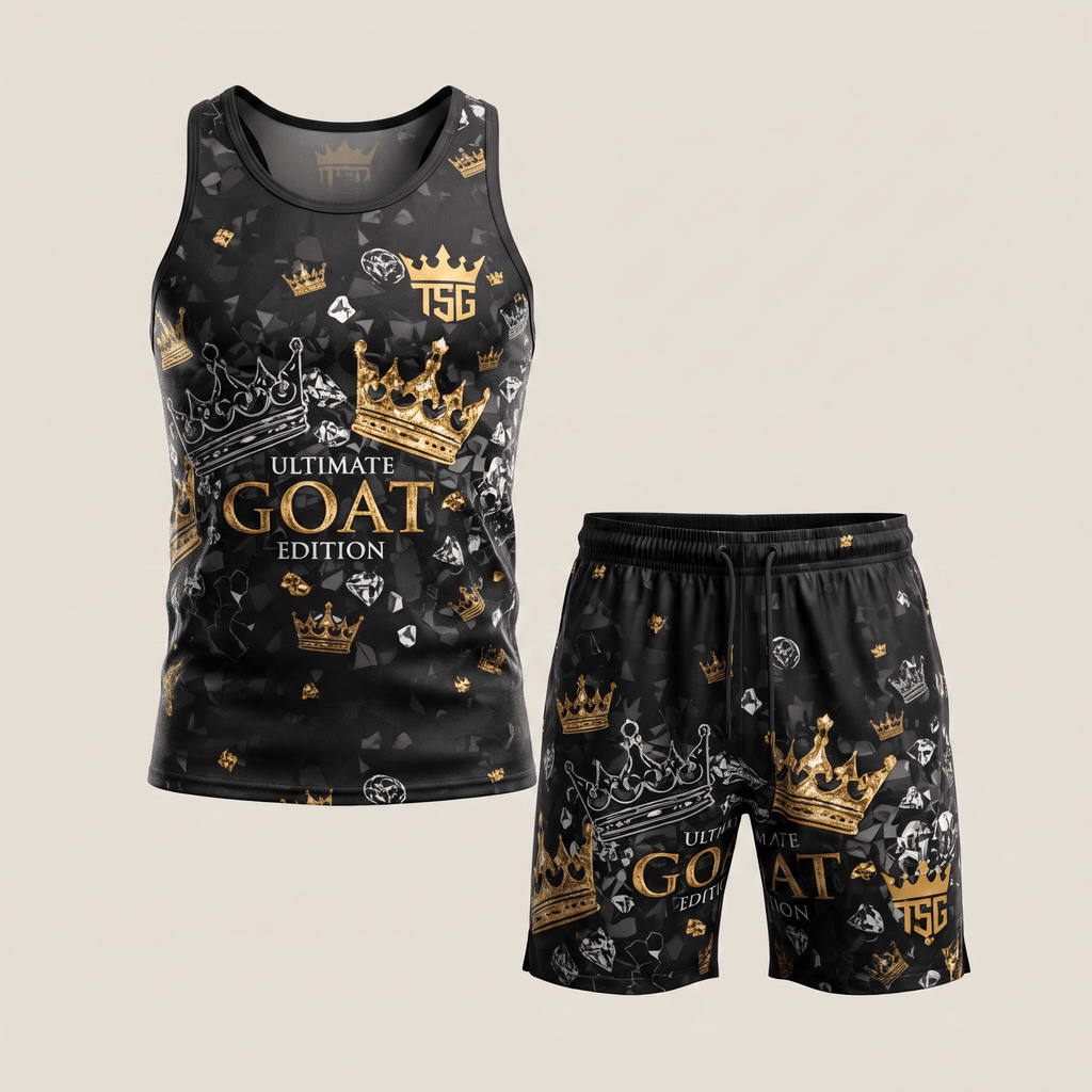 Black tank top and shorts set with gold crowns, diamonds, and Ultimate Goat Edition text.