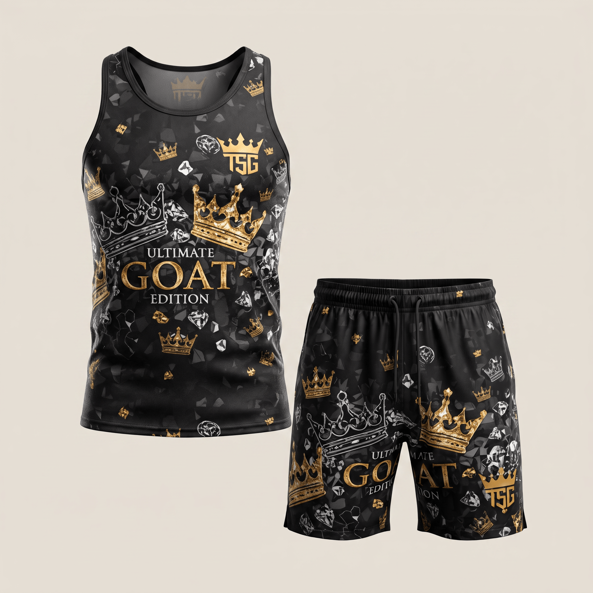 Black tank top and shorts set with gold crowns, diamonds, and Ultimate Goat Edition text.