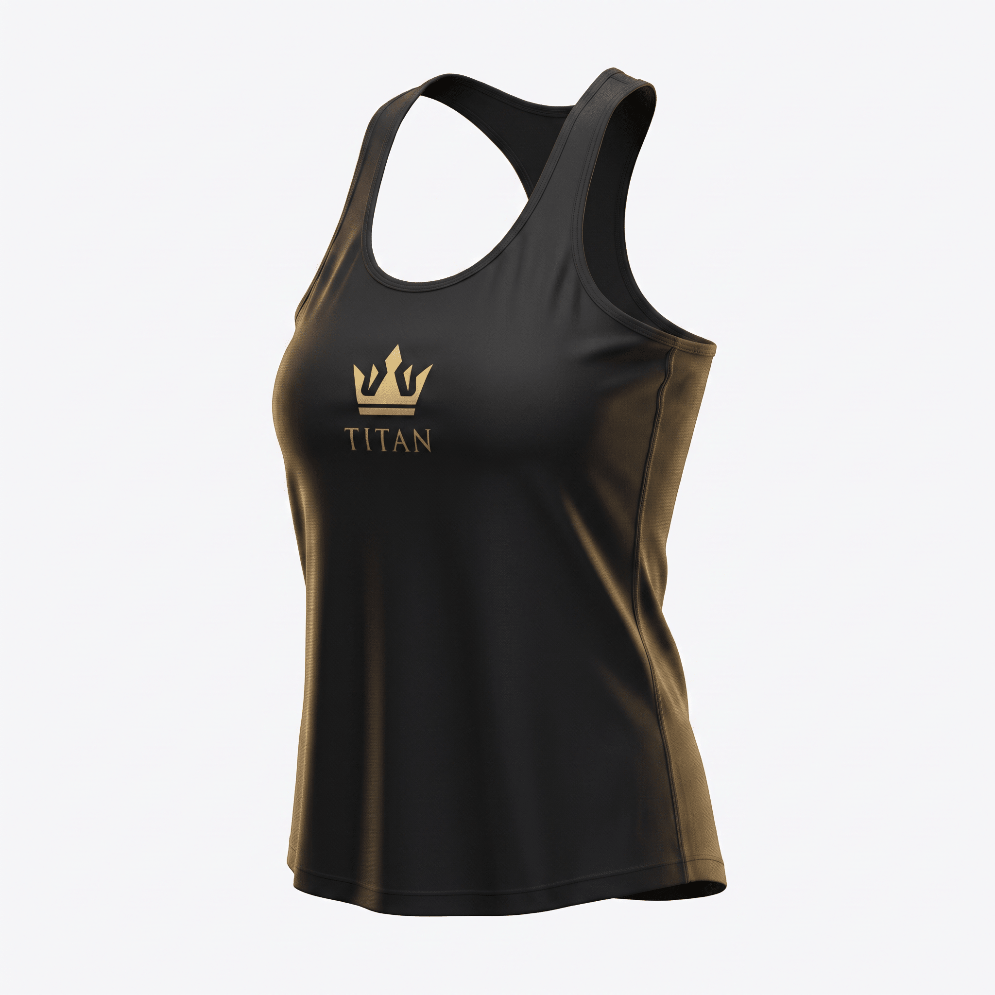 Black athletic racerback tank top with gold Titan crown logo on chest.