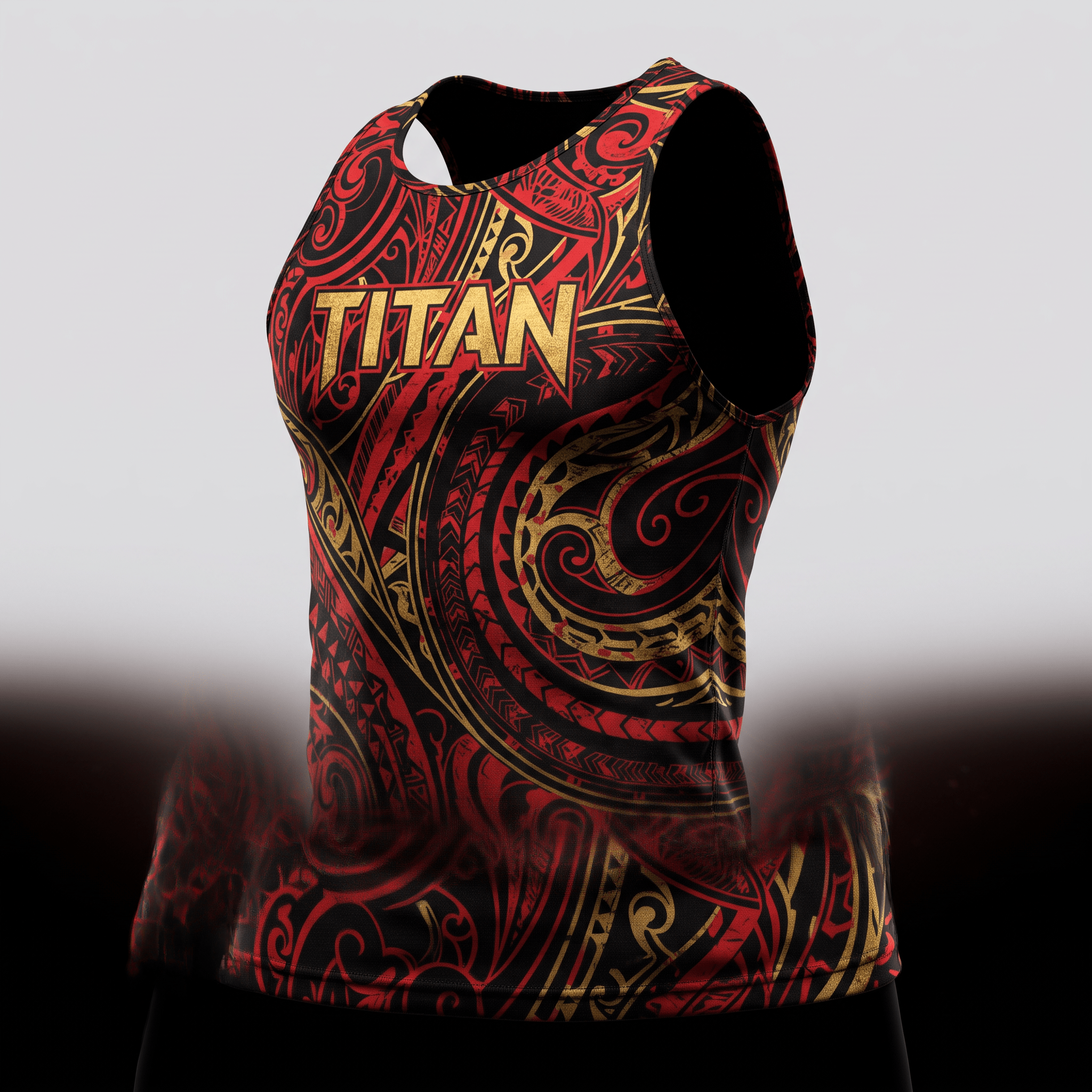 Red and black athletic tank top featuring gold Polynesian tribal patterns and the Titan logo on the chest.