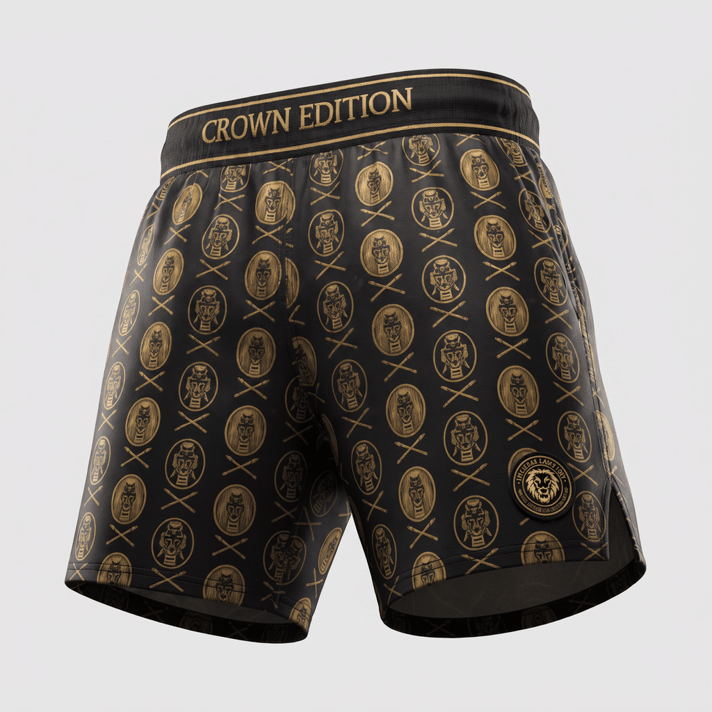 Black Crown Edition training shorts with an all-over gold warrior crest pattern and elastic waistband.