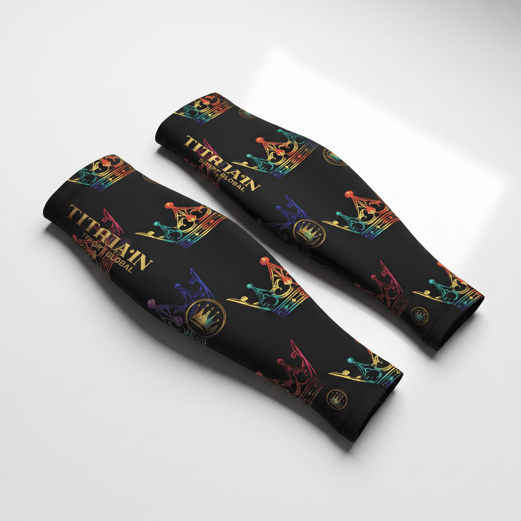 Black arm sleeves with a multicolored crown pattern and gold brand logo on a white background.