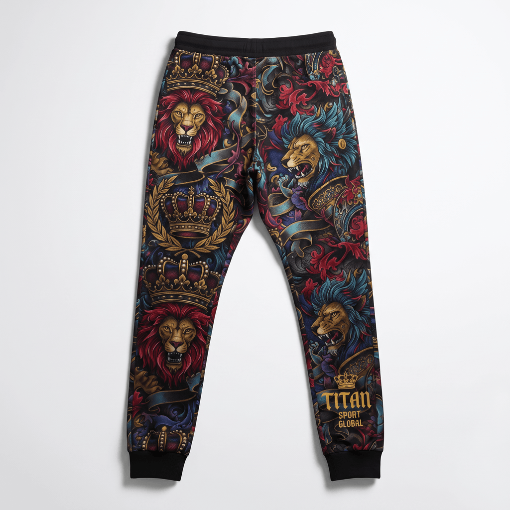 Black joggers featuring an intricate multicolored print of lions, crowns, and ornate baroque patterns.