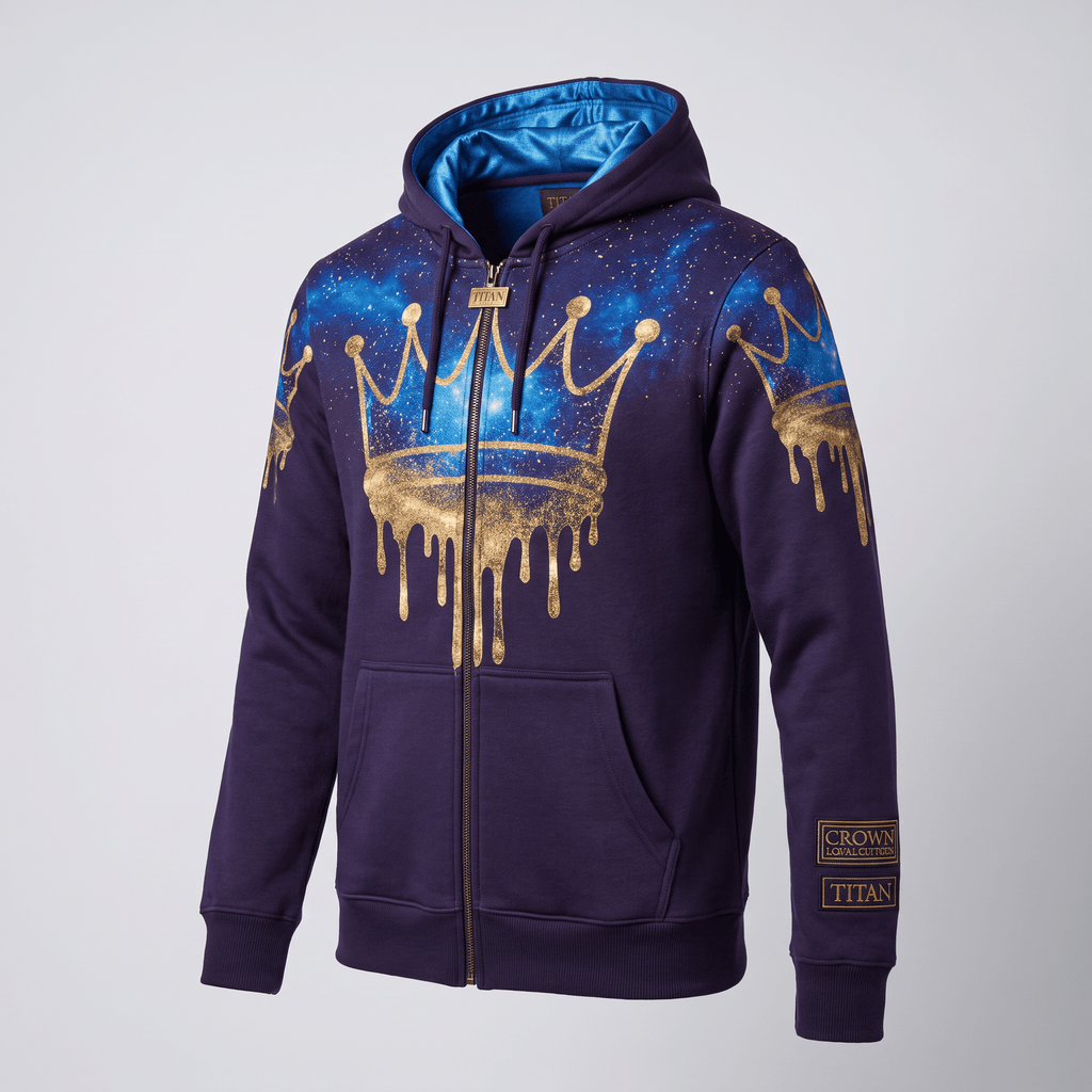 Purple zip-up hoodie featuring a galaxy print with gold dripping crown graphics and bright blue lining.