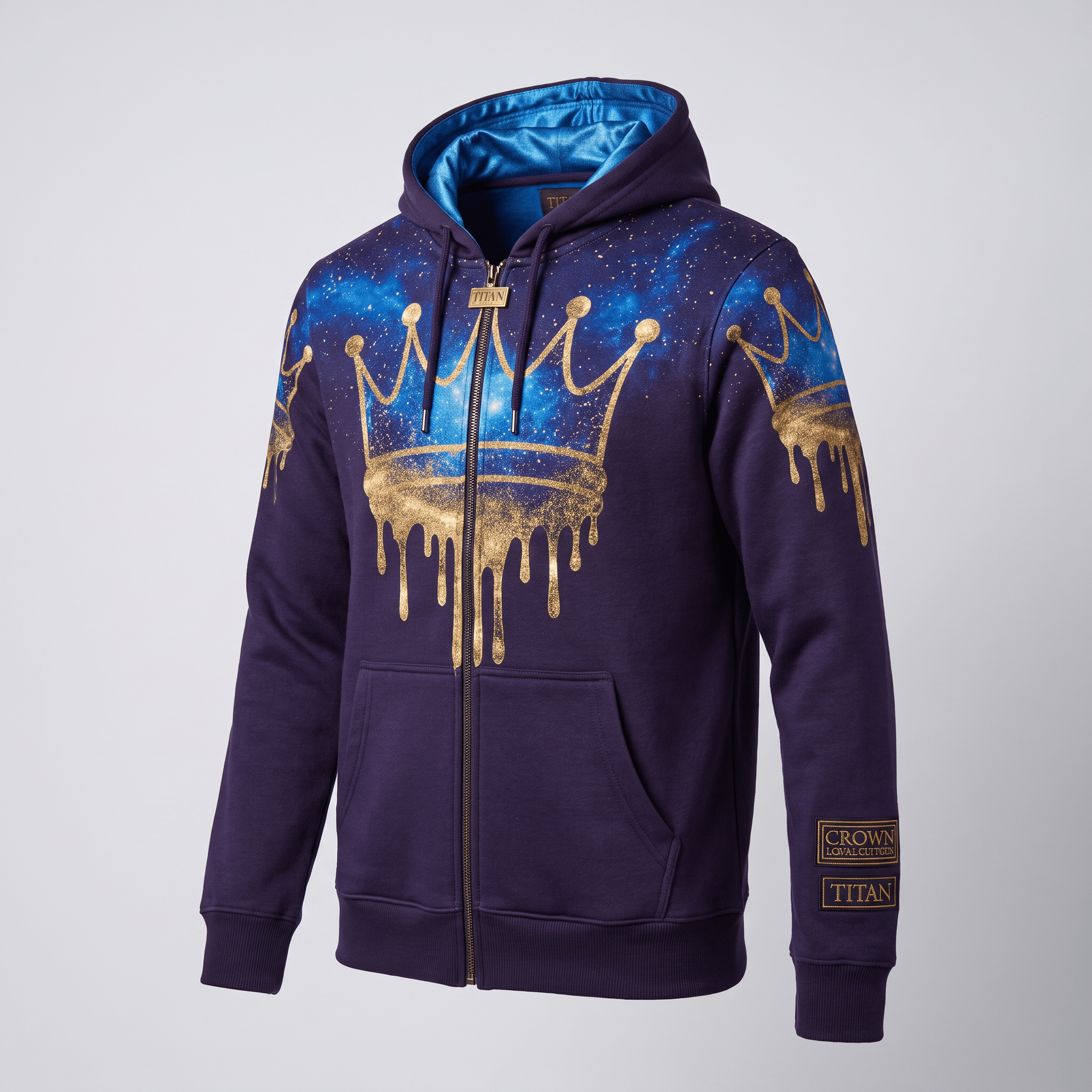 Purple zip-up hoodie featuring a galaxy print with gold dripping crown graphics and bright blue lining.