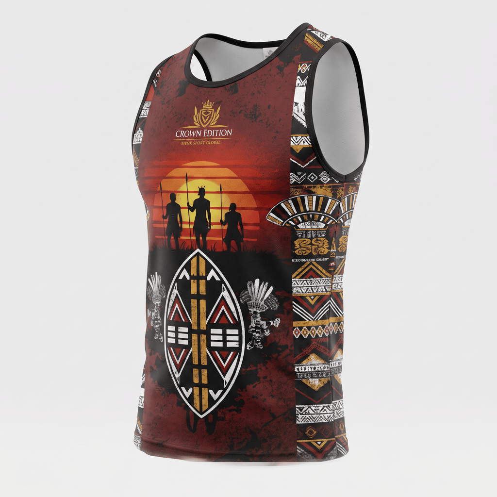 Red Crown Edition tank top featuring African tribal artwork, warrior silhouettes against a sunset, and traditional patterns.