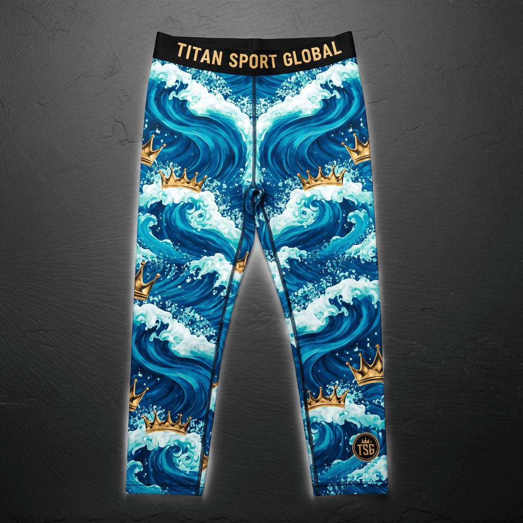 Titan Sport Global athletic leggings featuring blue ocean waves and gold crowns.