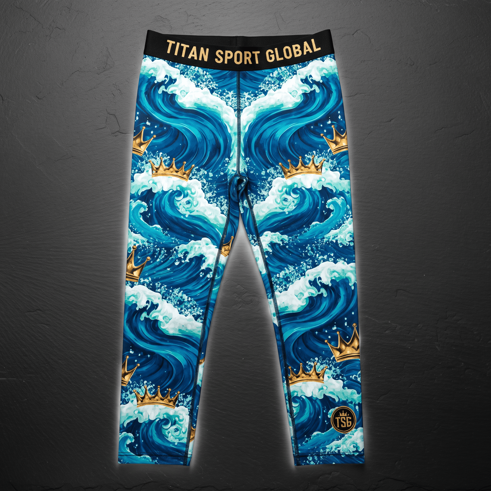 Titan Sport Global athletic leggings featuring blue ocean waves and gold crowns.