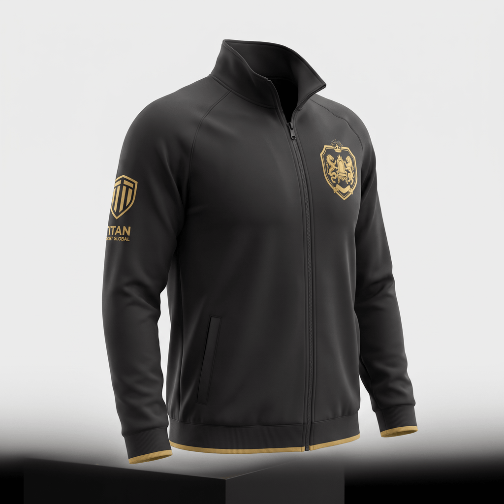 Black full-zip track jacket with gold crest logo on chest, Titan Sport Global arm branding, and gold trim.