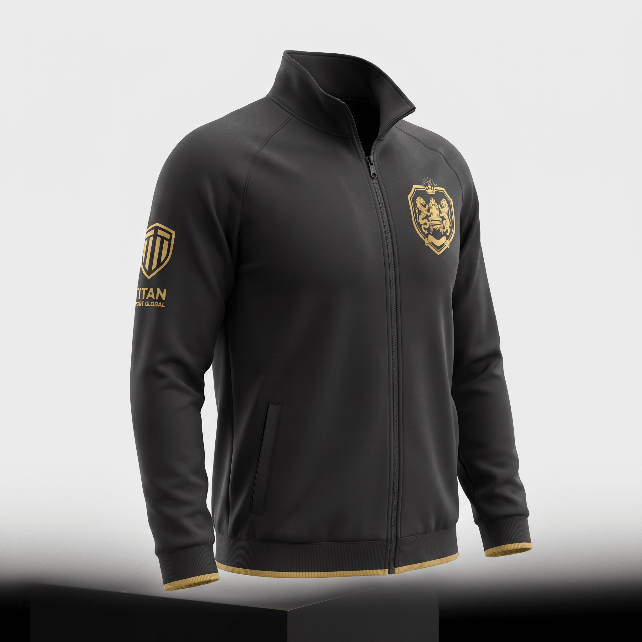 Black full-zip track jacket with gold crest logo on chest, Titan Sport Global arm branding, and gold trim.
