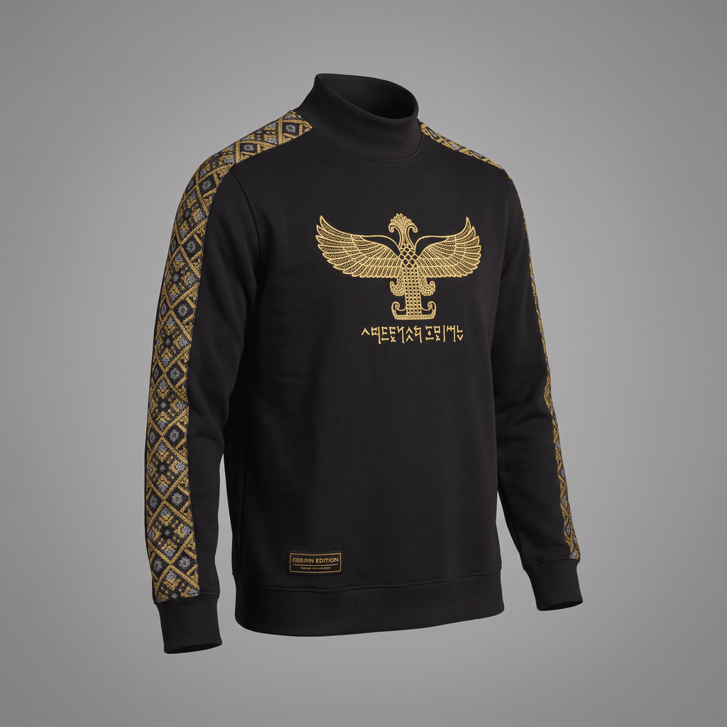 Black mock neck sweatshirt with gold winged bird graphic, text, and patterned sleeve stripes.