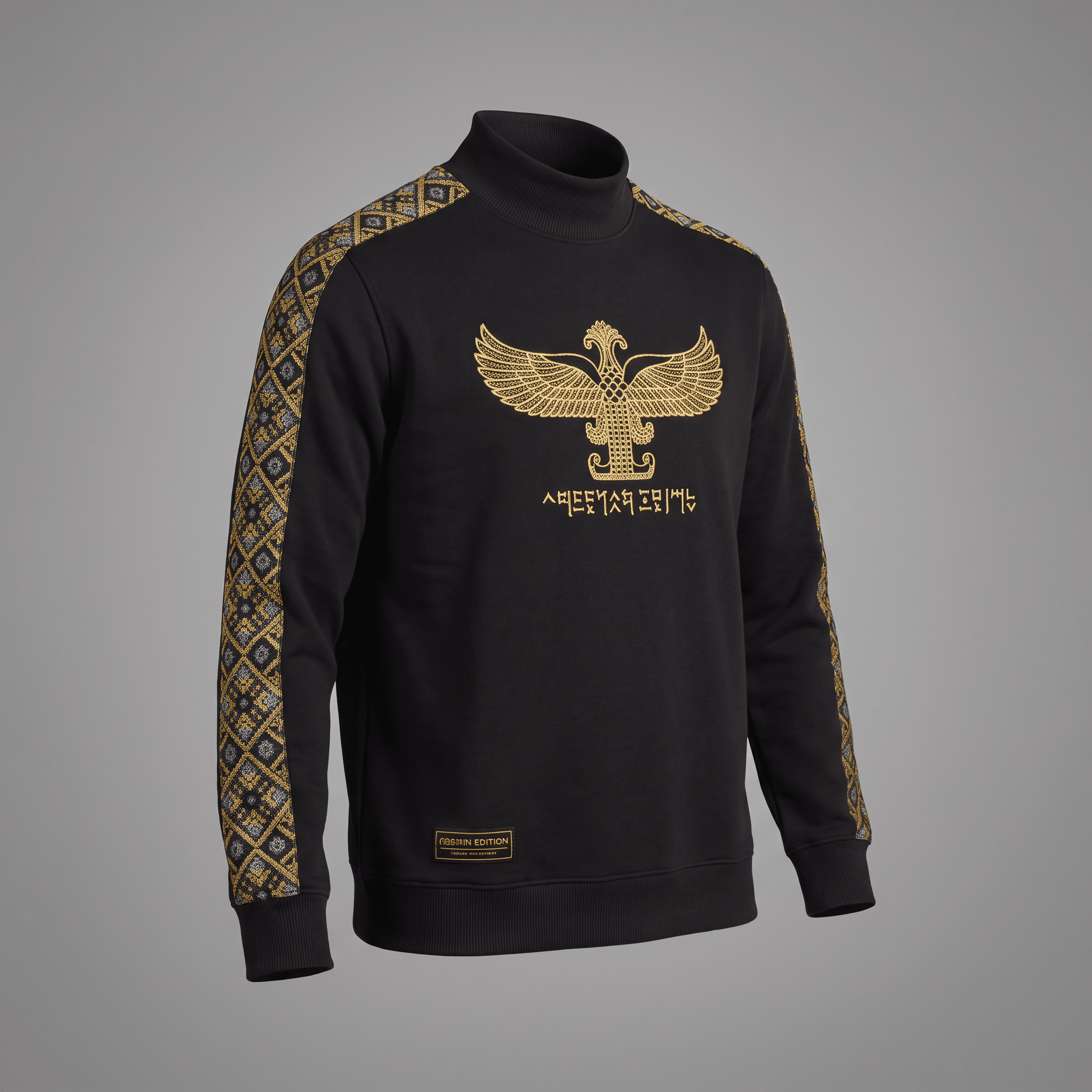 Black mock neck sweatshirt with gold winged bird graphic, text, and patterned sleeve stripes.