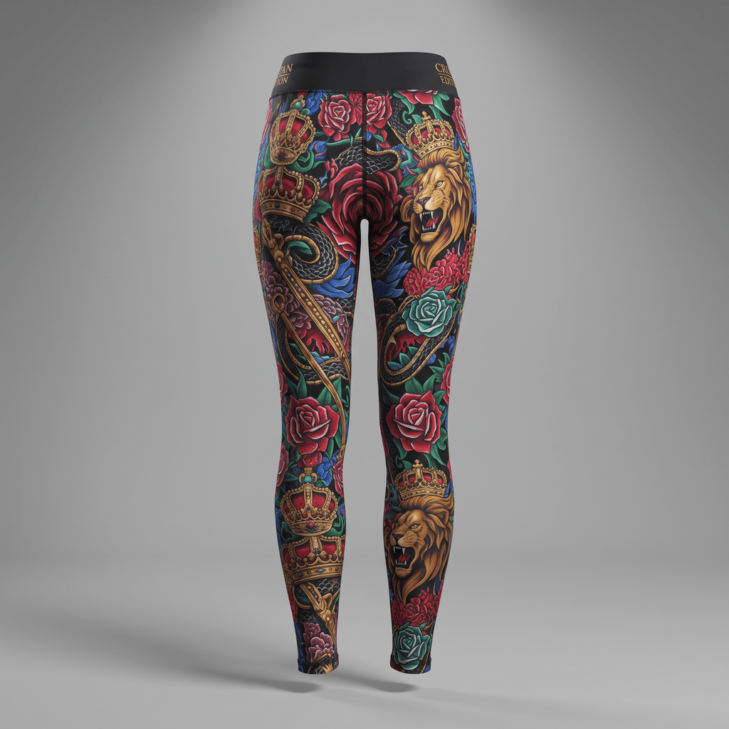 Back view of women's colorful tattoo-style print leggings featuring lions, crowns, and red roses against a black background.